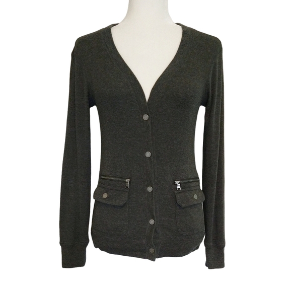 Lauren Jeans Co. 100% Cotton Heather Gray V-Neck Snap Cardigan Zip Pockets - Picture 1 of 7